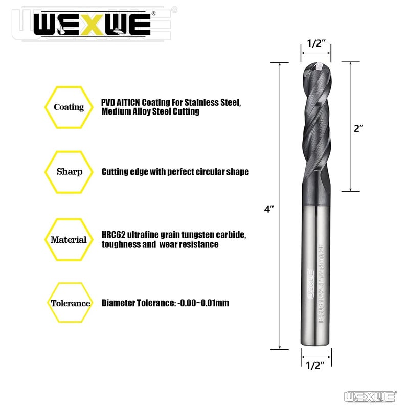 WEXWE Tools Extra Long Carbide Ball Nose End Mill for Cutting Alloy Steels, with HRC62 Tungsten Carbide+AlTiN Coating,4" Overall Length CNC Router Bits,1/2 Shank End Mill Bits (1/2-4" 1PCS) - Image 2